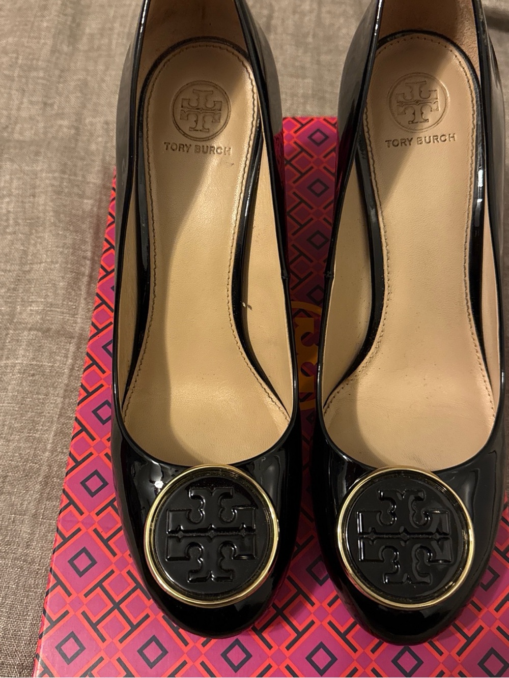 Tory Burch Black Patent Logo Round-Toe Heels with Gold Trim